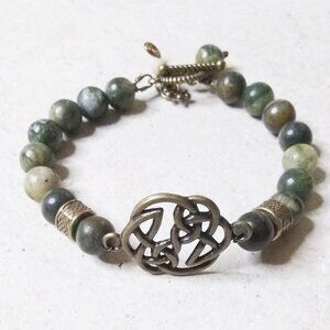 Celtic Knot & Green Jasper Beaded Toggle Bracelet. Pagan. Nordic. Earth Mother.